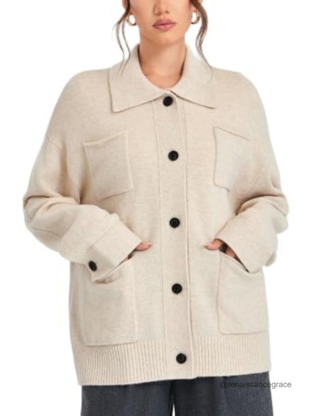 Wool Blend Cardigan Button Front Long Sleeve Collared Pockets Shacket